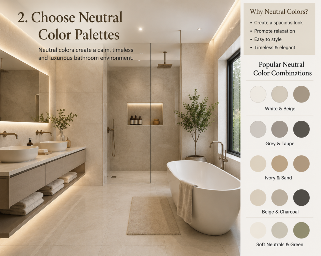 Luxury bathroom featuring a neutral color palette with beige tiles, a freestanding bathtub, floating vanity, and warm ambient lighting inspired by five-star hotel interiors.