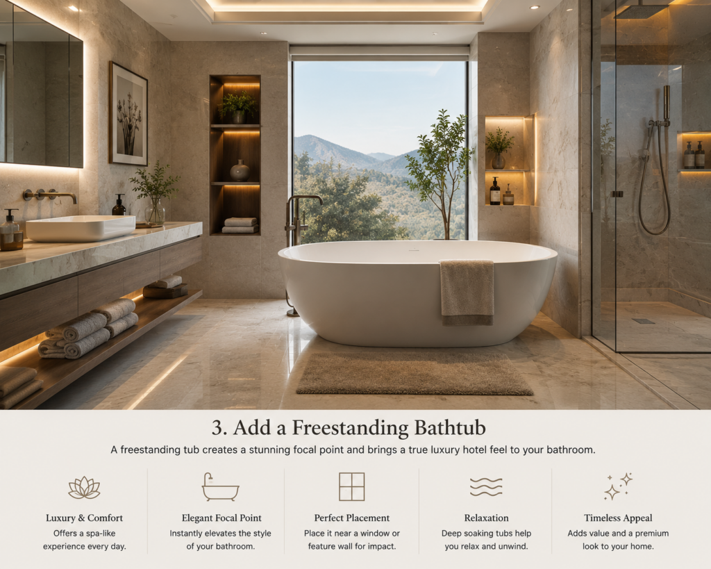 Luxury bathroom with a freestanding bathtub, marble-look tiles, glass shower enclosure, floating vanity, and warm ambient lighting inspired by a five-star hotel.