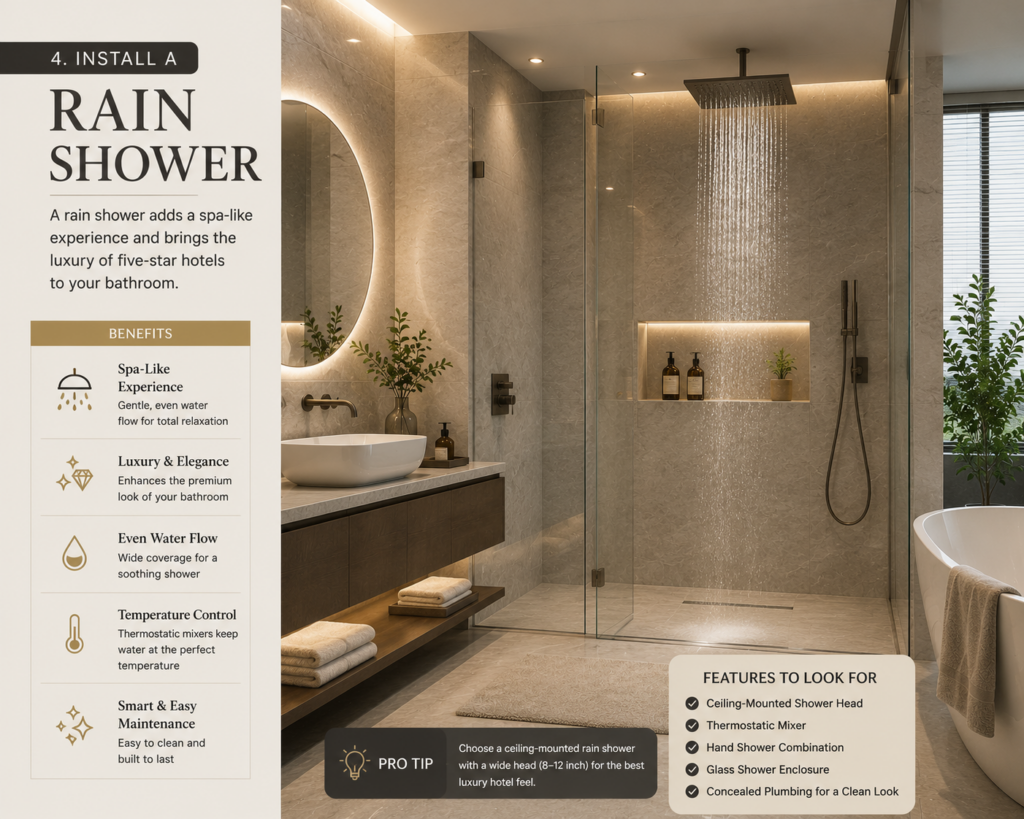 Luxury bathroom with a ceiling-mounted rain shower, frameless glass shower enclosure, marble-look tiles, floating vanity, and warm LED lighting inspired by a five-star hotel.