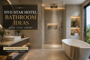 Five-star hotel-inspired luxury bathroom with a freestanding bathtub, ceiling-mounted rain shower, large-format marble-look tiles, floating vanity, and warm ambient lighting.
