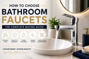 Modern chrome bathroom faucet installed on a white ceramic wash basin in a stylish contemporary bathroom, showcasing tips for choosing the right bathroom faucet.
