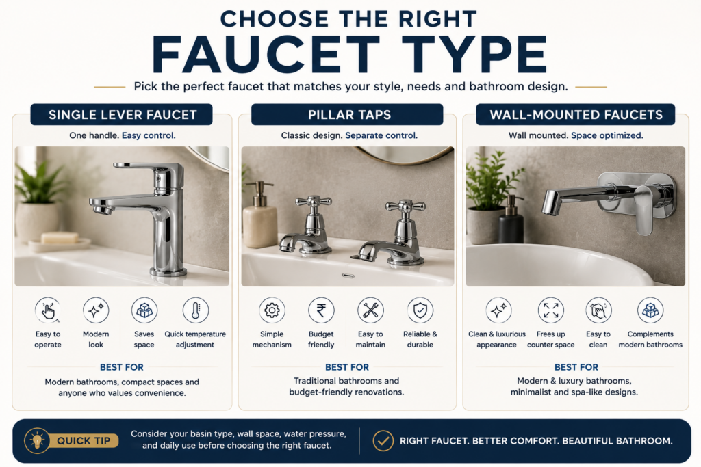 Infographic comparing single lever faucets, pillar taps, and wall-mounted bathroom faucets with their features, benefits, and ideal bathroom applications.
