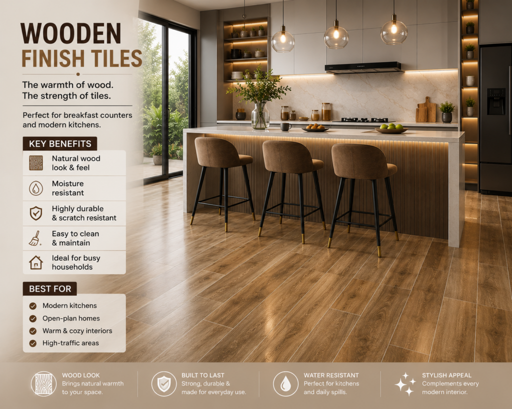 Modern kitchen featuring wooden finish tile flooring around a stylish breakfast counter with a large island, bar stools, and contemporary cabinetry. Breakfast Counter Flooring