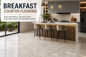 Modern breakfast counter flooring featuring large-format marble-look porcelain tiles in a contemporary kitchen with a stylish island and bar stools.