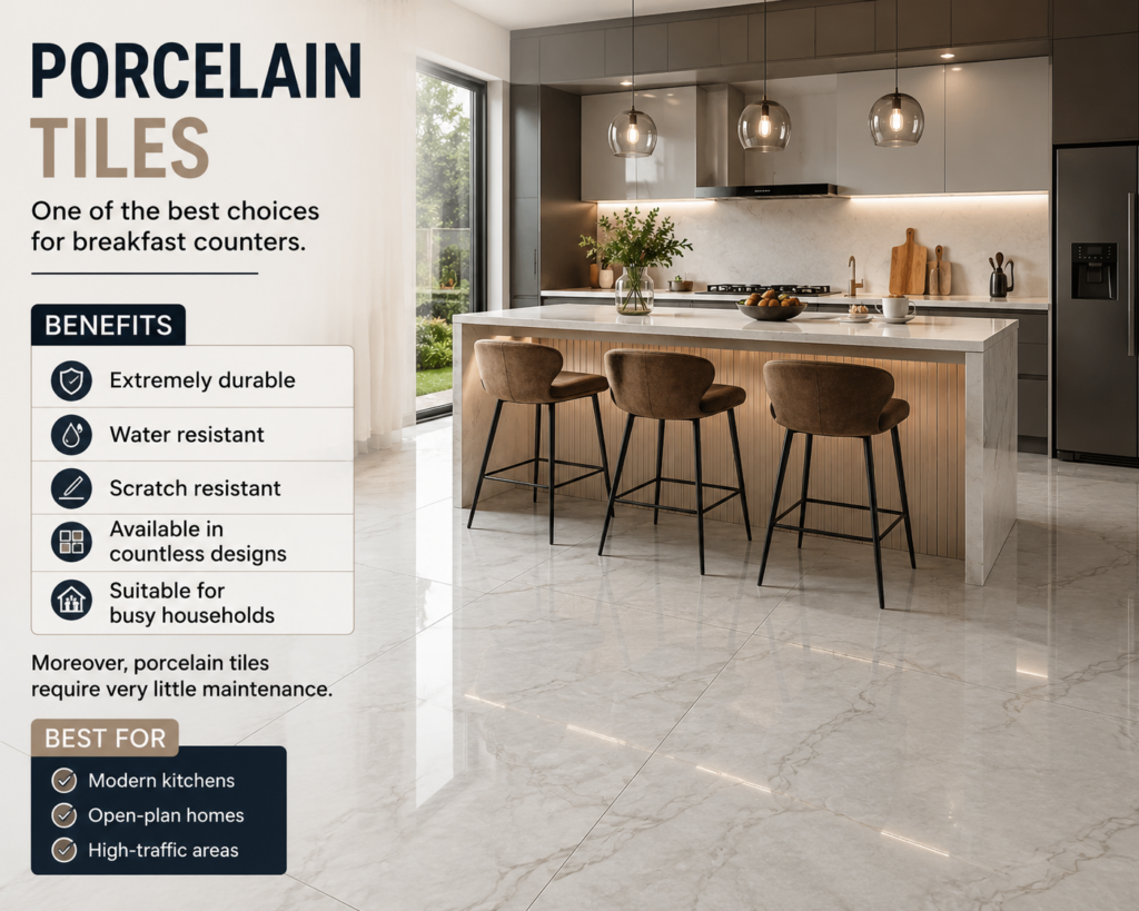 Modern kitchen featuring porcelain tile flooring around a stylish breakfast counter with large-format marble-look tiles and contemporary bar stools. Breakfast Counter Flooring