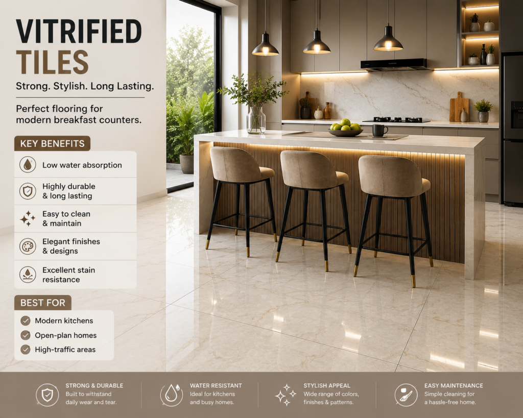 Modern kitchen with a breakfast counter featuring premium vitrified tile flooring, large-format glossy tiles, and contemporary cabinetry. Breakfast Counter Flooring