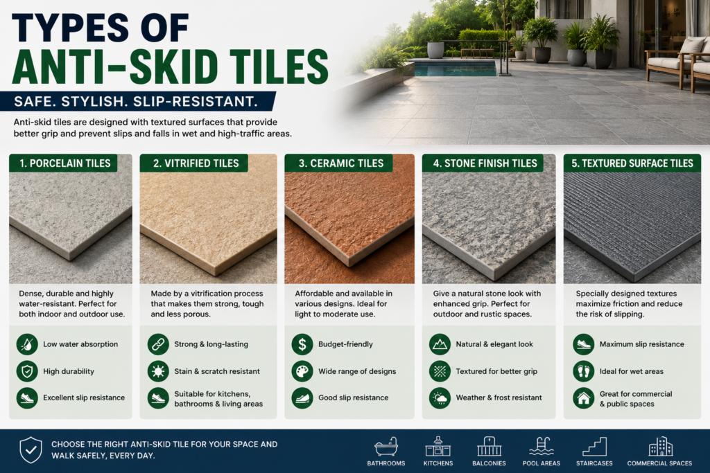 Infographic showcasing different types of anti-skid tiles, including porcelain, vitrified, ceramic, stone finish, and textured surface tiles for safe flooring.