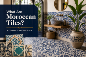 Beautiful Moroccan tiles featuring blue and white geometric patterns in a modern bathroom interior with a complete buying guide.