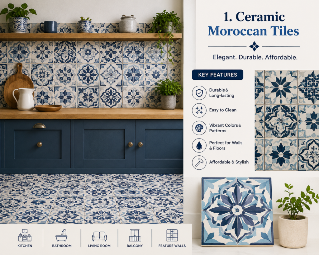 Blue and white ceramic Moroccan tiles with intricate geometric patterns installed in a modern kitchen interior.