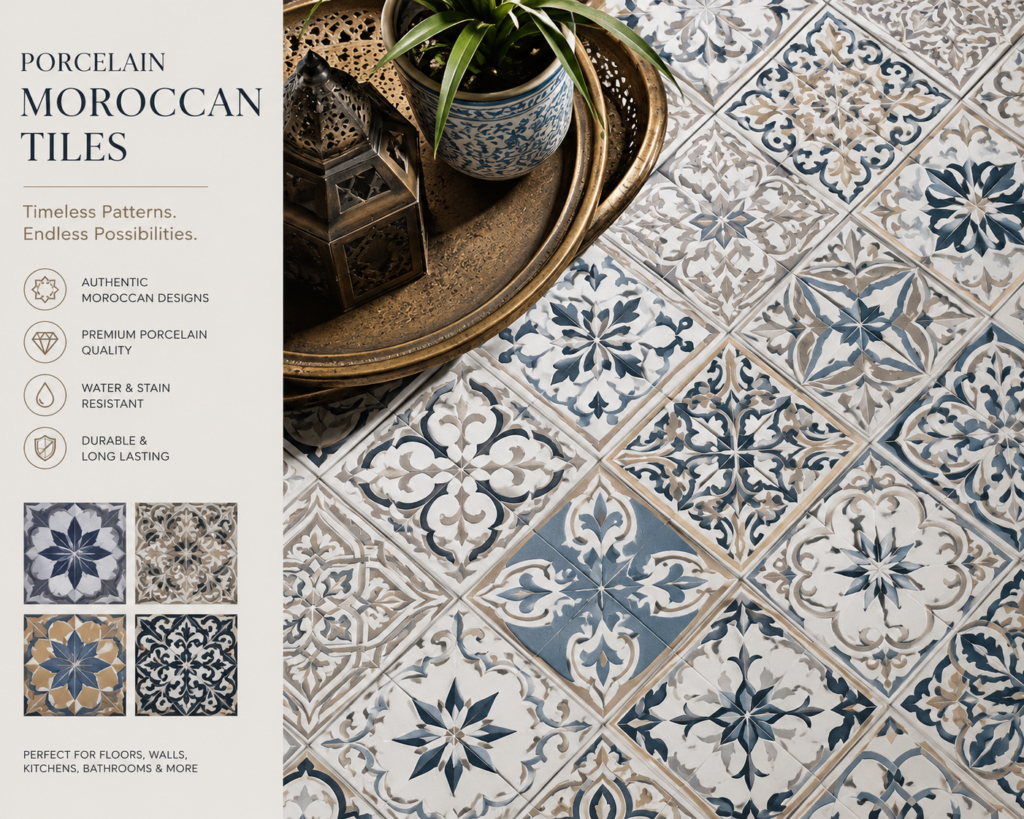 Premium porcelain Moroccan tiles featuring intricate blue, beige, and white geometric patterns, ideal for kitchen backsplashes, bathroom walls, feature walls, and decorative flooring.