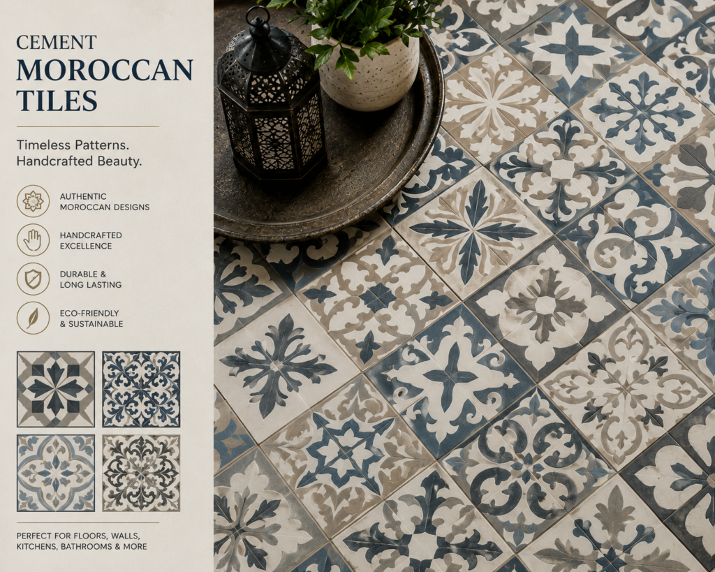 Premium cement Moroccan tiles featuring handcrafted geometric and floral patterns in blue, grey, and beige tones for decorative floors, walls, kitchens, and bathrooms.