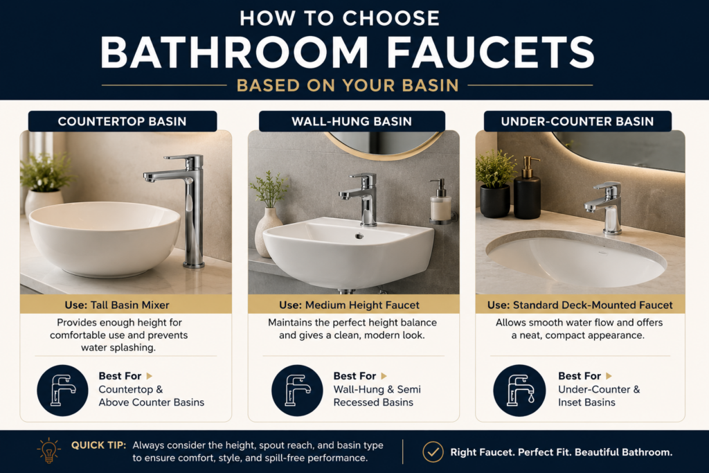 Comparison of bathroom faucet types for countertop, wall-hung, and under-counter basins, showing the best faucet style for each basin design.